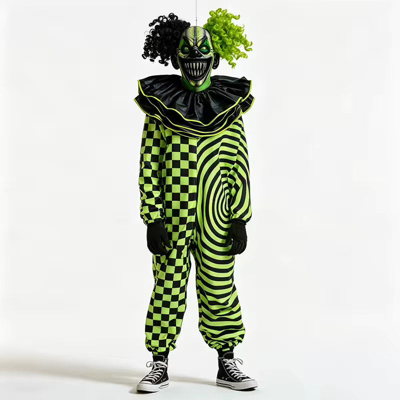 Costume de Clown Maléfique à Motif Spirale à Carreaux Verts