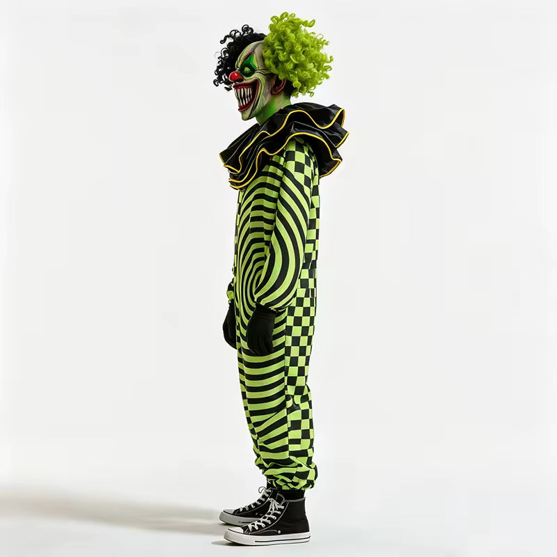 Costume de Clown Maléfique à Motif Spirale à Carreaux Verts