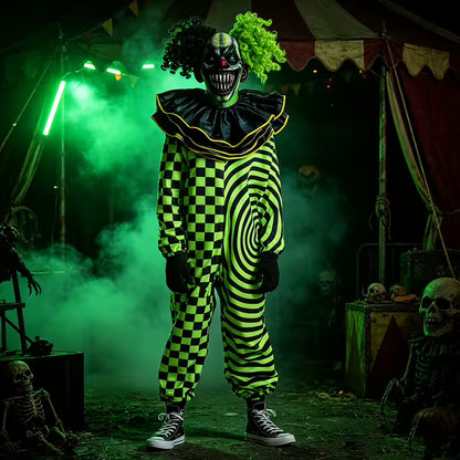 Costume de Clown Maléfique à Motif Spirale à Carreaux Verts