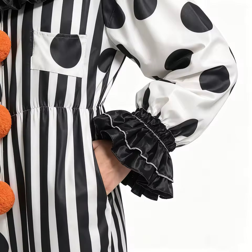 Costume de Clown d'Horreur d'Halloween pour Adulte, Combinaison à Pois et Rayures avec Col à Volants