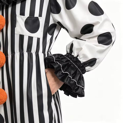Costume de Clown d'Horreur d'Halloween pour Adulte, Combinaison à Pois et Rayures avec Col à Volants