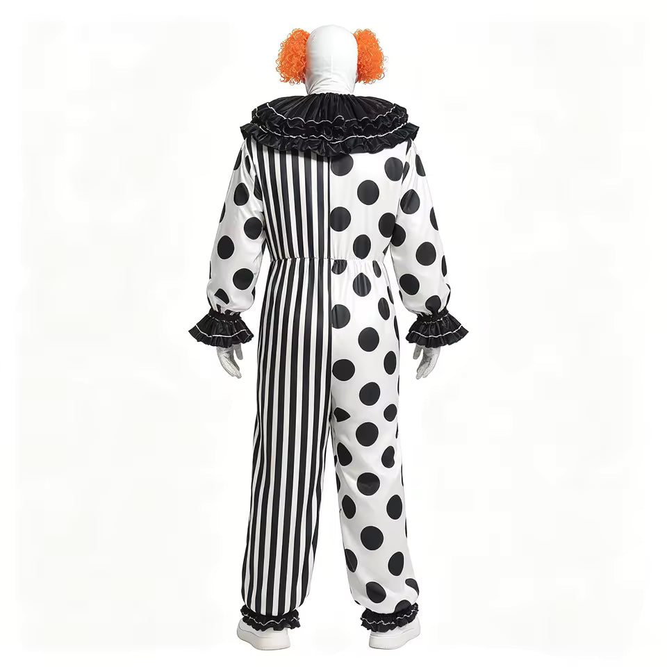 Costume de Clown d'Horreur d'Halloween pour Adulte, Combinaison à Pois et Rayures avec Col à Volants