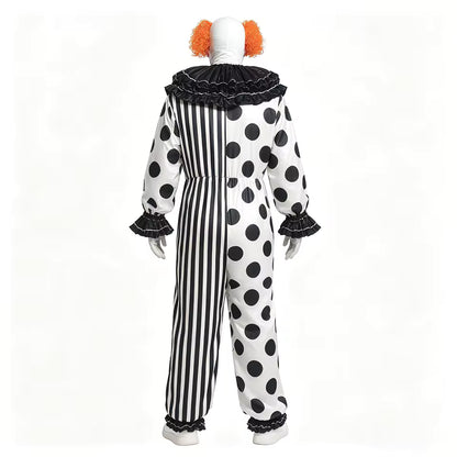 Costume de Clown d'Horreur d'Halloween pour Adulte, Combinaison à Pois et Rayures avec Col à Volants