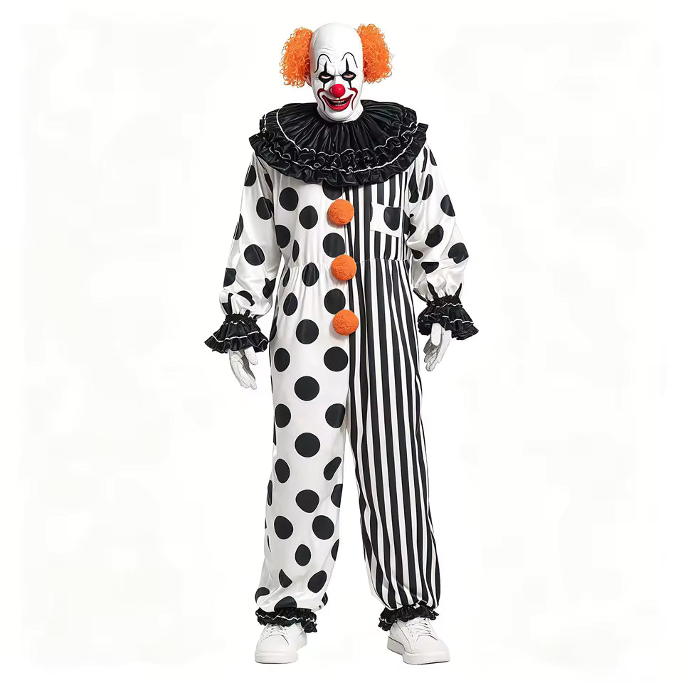 Costume de Clown d'Horreur d'Halloween pour Adulte, Combinaison à Pois et Rayures avec Col à Volants