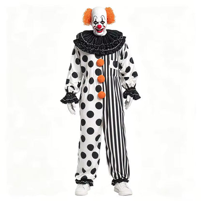 Costume de Clown d'Horreur d'Halloween pour Adulte, Combinaison à Pois et Rayures avec Col à Volants