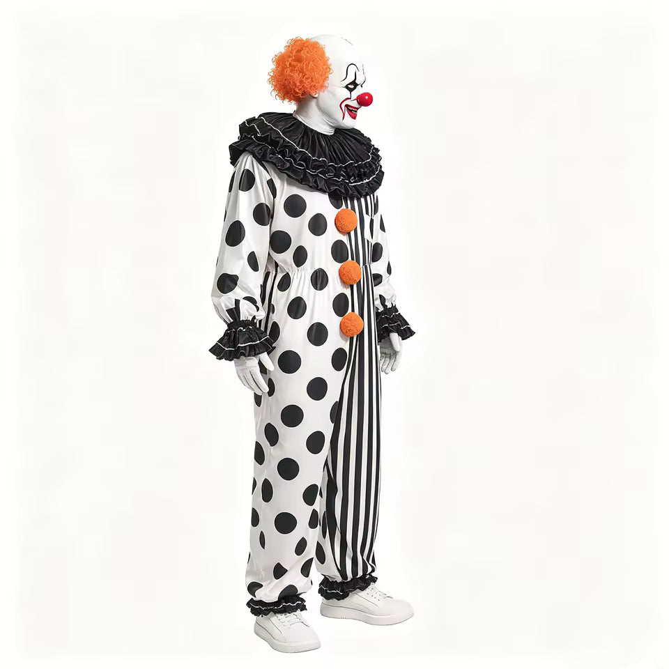 Costume de Clown d'Horreur d'Halloween pour Adulte, Combinaison à Pois et Rayures avec Col à Volants